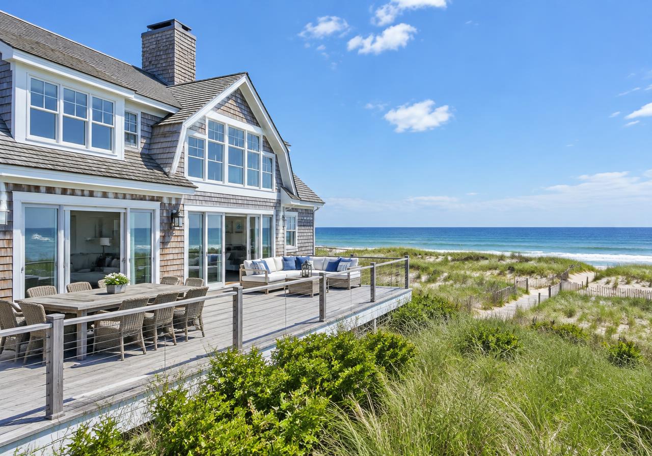 Shingled Hamptons beach house with a deck overlooking dunes and the ocean